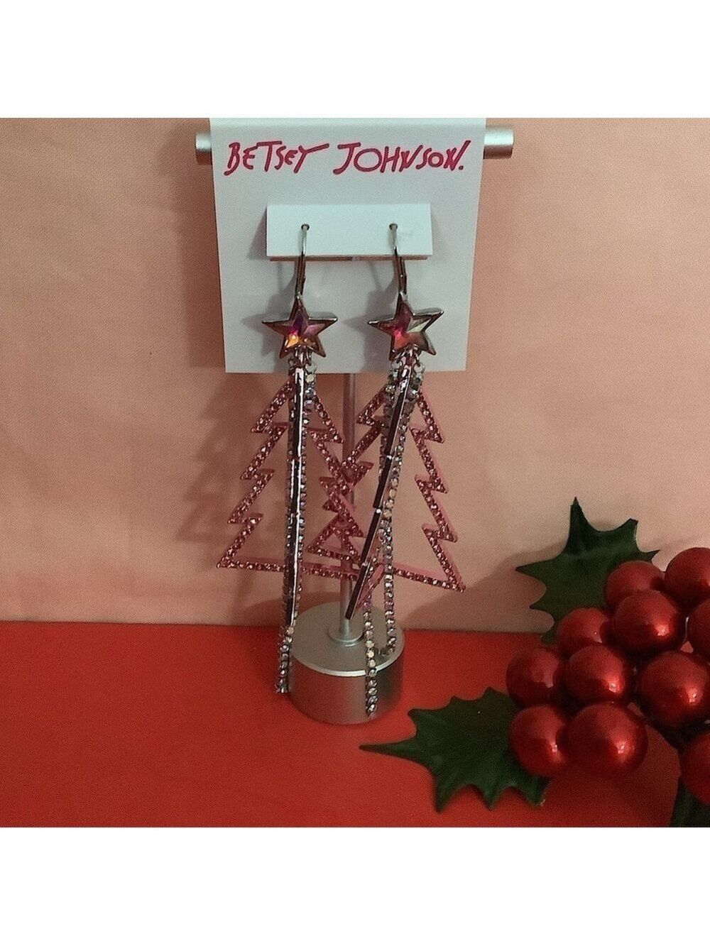 Betsey Johnson Pink Christmas Tree Rhinestone Dangle Earrings New